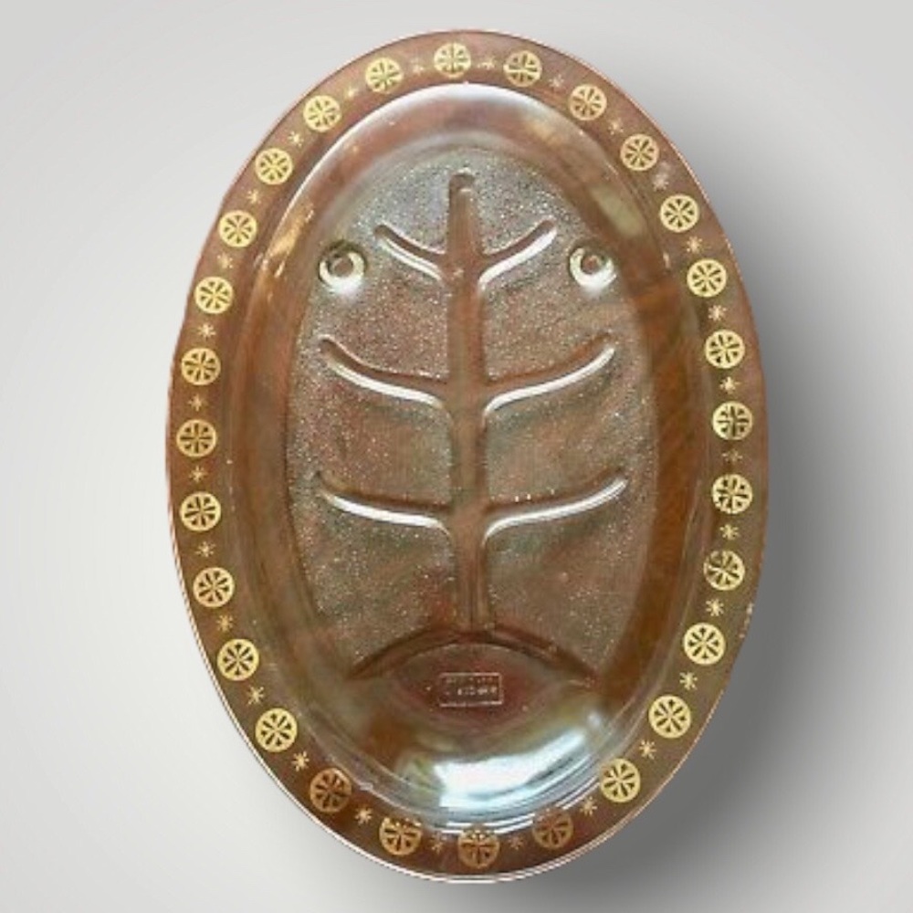 Vintage Glasbake Meat Well Plate Platter  with Glass Nub Feet & Gold Trim